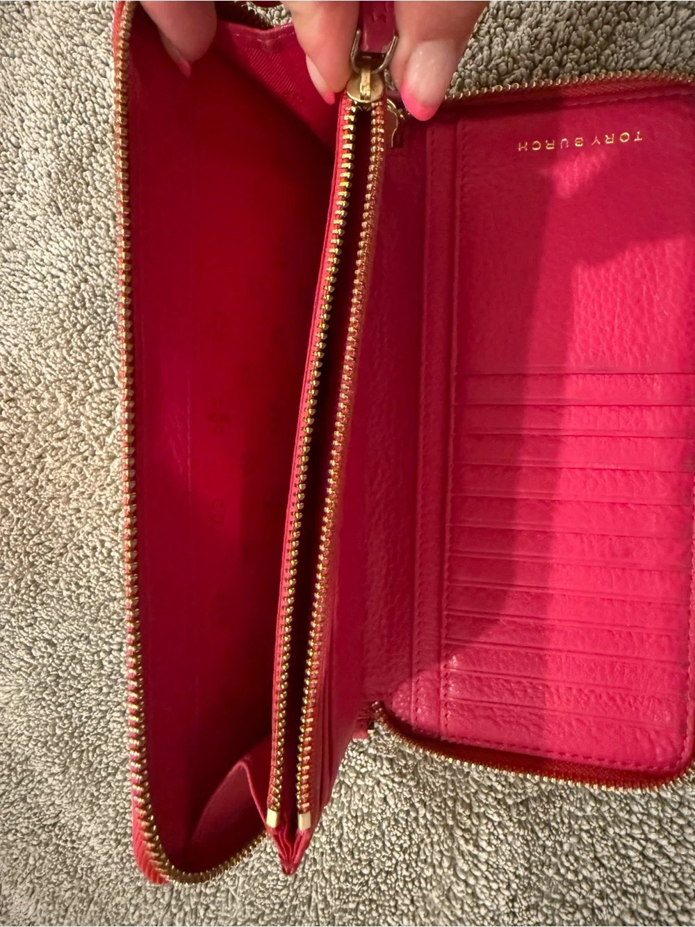 Tory Burch Hot Pink Pebbled Leather Zip-Around Wallet with Gold Logo